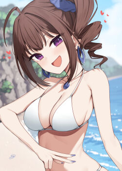 Rule 34 | 1girl, :d, ahoge, bare arms, bare shoulders, beach, bikini, binsen, blue nails, blue scrunchie, blurry, blurry background, breasts, brown hair, collarbone, commentary request, day, drill hair, earrings, fingernails, hair ornament, hair scrunchie, head tilt, heart, highres, hoop earrings, idolmaster, idolmaster million live!, jewelry, large breasts, looking at viewer, nail polish, necklace, open mouth, outdoors, purple eyes, scrunchie, side drill, sidelocks, smile, solo, swimsuit, upper body, v, white bikini, yokoyama nao