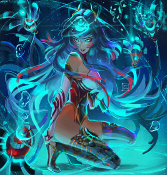 1girl artist_name blue_eyes blue_hair breasts closed_mouth commentary commission english_commentary highres large_breasts long_hair looking_at_viewer original paid_reward_available red_lips smile solo squatting tatti_art