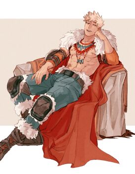 Rule 34 | 1boy, 5mll3, abs, bakugou katsuki, bare pectorals, belt, black boots, blonde hair, blue pants, boku no hero academia, boots, brown belt, cape, denim, dutch angle, elbow rest, fur-trimmed boots, fur-trimmed cape, fur trim, head rest, jeans, jewelry, knee pads, letterboxed, looking at viewer, male focus, multiple necklaces, necklace, nipples, pants, pectorals, red cape, red eyes, short hair, sitting, smile, solo, spiked hair, teeth, upper teeth only, white fur