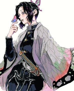1girl animal_print bug butterfly butterfly_hair_ornament butterfly_print checkered_haori demon_slayer_uniform flower gago_n gradient_hair hair_ornament haori insect japanese_clothes kimetsu_no_yaiba kochou_shinobu multicolored_hair print_haori purple_butterfly wisteria