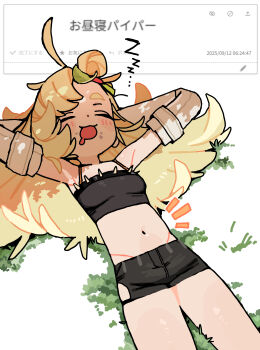 ... 1girl :3 absurdres ahoge andii_(anzai_teachco) armpits arms_behind_head arms_up bare_shoulders black_shirt black_shorts black_tube_top blonde_hair blush breasts closed_eyes clothing_cutout crop_top crumbs detached_sleeves dot_nose grass hair_bun highleg highleg_panties highres leaf leaf_on_head loli long_hair lying lying_on_grass navel on_back on_ground open_mouth panties piper_wheel saliva shirt shorts side_cutout sleeping small_breasts solo spiked_shirt stomach strapless thigh_cutout thighs tube_top underwear very_long_hair white_background white_sleeves yawning zenless_zone_zero zzz