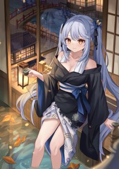 1girl architecture azur_lane blue_hair blush breasts bridge cleavage commentary_request east_asian_architecture essex_(azur_lane) floral_print hair_ornament highres japanese_clothes lantern large_breasts leaf long_hair sitting smile sugisaki_yuu towel twintails water yellow_eyes