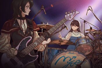 2girls 5-string_bass_guitar bang_dream! bang_dream!_it&#039;s_mygo!!!!! bass_guitar black_gloves black_hair blue_dress brown_hair capelet closed_mouth cymbals dress drum drum_set drumsticks eoljukko extended_range_bass_guitar film_grain gloves highres holding holding_drumsticks instrument long_hair multiple_girls music playing_bass_guitar playing_instrument purple_background purple_eyes red_capelet see-through_clothes see-through_sleeves shiina_taki shirt smile sweat white_shirt yahata_umiri