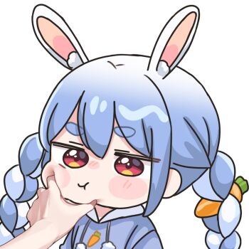 1girl 1other :t animal_ear_fluff animal_ears blue_hair blue_hoodie blush_stickers braid carrot_hair_ornament closed_mouth commentary_request drawstring food-themed_hair_ornament hair_between_eyes hair_ornament hololive hood hood_down hoodie meme mochimiko multicolored_hair pov_cheek_grabbing_(meme) rabbit_ears red_eyes short_eyebrows simple_background solo_focus thick_eyebrows twin_braids twintails two-tone_hair upper_body usada_pekora virtual_youtuber white_background white_hair