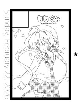 1girl ahoge blush circle_cut commentary_request cowboy_shot daizu_(melon-lemon) greyscale hair_intakes halftone hat long_hair long_sleeves looking_at_viewer miniskirt monochrome original parted_lips pleated_skirt shirt skirt solo standing star_(symbol) twintails