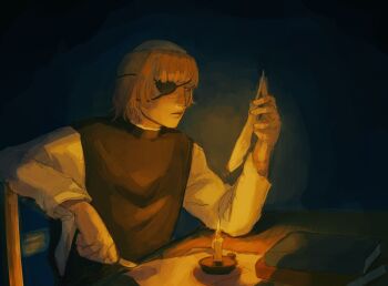 Rule 34 | 1boy, badeni, black tabard, blonde hair, candle, candlestand, chair, chi.: chikyuu no undou ni tsuite, commentary request, eyepatch, holding, holding quill, male focus, mede teru, medium hair, on chair, quill, scar, scar on arm, scar on face, scar on mouth, scar on nose, sitting, solo, tabard, tonsure