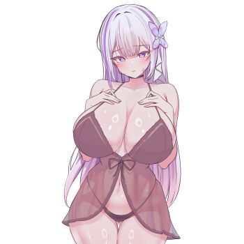 1girl babydoll black_panties blush breasts brown_babydoll character_request closed_mouth collarbone commentary_request cowboy_shot curvy double-parted_bangs gluteal_fold hair_ornament hands_on_own_chest highleg highleg_panties highres huge_breasts indie_virtual_youtuber long_hair looking_at_viewer multicolored_hair navel panties purple_eyes purple_streaks rapid17 see-through_babydoll see-through_clothes simple_background solo streaked_hair transparent_background underwear virtual_youtuber white_hair