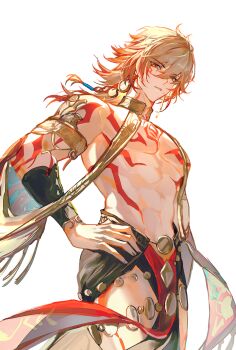 Rule 34 | 1boy, abs, absurdres, alternate costume, arm tattoo, armlet, blonde hair, braid, chest tattoo, chinese commentary, commentary request, earrings, facial tattoo, gold earrings, gradient hair, hand on own hip, highres, honkai: star rail, honkai (series), jewelry, looking at viewer, male focus, medium hair, multicolored hair, mydei (honkai: star rail), parted lips, pelvic curtain, qiaose33912, red hair, red tattoo, side braid, simple background, solo, tattoo, toned, toned male, white background, yellow eyes