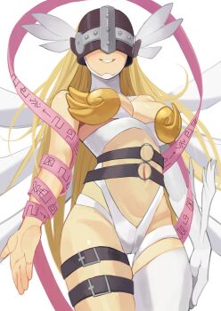 Rule 34 | 1girl, absurdres, angewomon, bare shoulders, blonde hair, boobplate, border, breastplate, breasts, cleavage, clothing cutout, commentary request, covered eyes, cowboy shot, digimon (creature), feathered wings, feathers, helmet, helmet over eyes, highres, large breasts, long hair, michibata anko, navel, simple background, single leg bodysuit, solo, stomach cutout, strapless bodysuit, thick thighs, thighs, white feathers, white wings, wide hips, wings