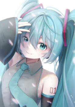 1girl aqua_eyes aqua_hair aqua_necktie aqua_trim arm_tattoo arm_up armpit_crease armpits blush breasts closed_mouth collared_shirt commentary_request detached_sleeves falling_petals grey_shirt hair_between_eyes hair_ornament hatsune_miku long_hair long_sleeves looking_at_viewer necktie number_tattoo petals shirt sleeveless sleeveless_shirt sleeves_past_wrists small_breasts smile solo tattoo twintails very_long_hair vocaloid yomi_yayo