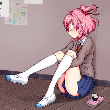 1girl against_wall blue_skirt blush bob_cut book closed_eyes closed_mouth cupcake doki_doki_literature_club doki_doki_literature_club_school_uniform food full_body hair_ornament hair_ribbon hairclip highres hugging_own_legs indoors knees legs long_sleeves natsuki_(doki_doki_literature_club) neck_ribbon on_floor pink_hair pleated_skirt red_ribbon ribbon school_uniform shoes short_twintails sidelocks sitting skirt solo thigh_focus thighhighs thighs twintails vickie_(cryingrobot) white_shoes white_thighhighs