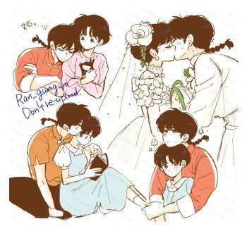 1boy 1girl animal black_hair black_pants black_shoes blue_dress blush book braid breasts bridal_veil brown_eyes closed_eyes collared_shirt couple dress flats flower formal_clothes furrowed_brow hair_between_eyes hair_flower hair_ornament hetero highres holding holding_animal holding_book hug hug_from_behind husband_and_wife kiss light_blush long_dress long_hair medium_breasts multiple_views p-chan pants parted_lips pig pink_sweater puffy_short_sleeves puffy_sleeves ranma_1/2 reading red_shirt saotome_ranma shirt shoes short_hair short_sleeves single_braid suit sweatdrop sweater tendou_akane tori_(runrunpiia) veil watermark wedding_dress white_dress white_shirt white_suit