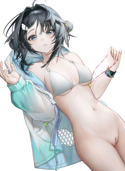1girl absurdres antenna_hair arknights bare_shoulders bikini bikini_top_only black_eyes black_hair blue_pupils breasts censored chinese_commentary cleft_of_venus commentary_request double_bun dutch_angle feather_hair frilled_bikini frills gradient_clothes gradient_jacket hair_bun hair_intakes hair_ornament hand_up highres holding holding_jewelry holding_necklace infection_monitor_(arknights) irvinetope jacket jewelry la_pluma_(arknights) la_pluma_(summer_flowers)_(arknights) large_variant_set long_hair long_sleeves looking_at_viewer medium_breasts mosaic_censoring multiple_girls navel necklace o-ring o-ring_bikini o-ring_top official_alternate_costume open_clothes open_jacket parted_lips pussy sidelocks simple_background solo solo_focus stomach swim_ring swimsuit thighs underboob unzipped variant_set white_background white_bikini windbreaker