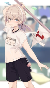 1girl :p alternate_costume black_shorts blue_eyes blush collarbone commentary_request feet_out_of_frame flag from_side grey_hair gym_uniform hair_between_eyes hair_ornament hairclip headband highres holding holding_flag idolmaster idolmaster_shiny_colors looking_at_viewer low_ponytail name_tag parallel_hairclips ponytail serizawa_asahi shirt short_sleeves shorts sidelocks smile solo standing tongue tongue_out white_headband white_shirt yui081