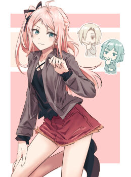 3girls ahoge aqua_eyes black_shirt black_shoes breasts chibi chibi_inset cleavage closed_mouth collarbone collared_jacket commentary_request green_hair grey_hair grey_jacket half_updo hand_on_own_chin hand_on_own_thigh highres jacket kneeling long_sleeves looking_at_viewer love_live! love_live!_nijigasaki_high_school_idol_club medium_breasts mia_taylor mifune_shioriko miniskirt multiple_girls one_side_up open_clothes open_jacket pink_hair pleated_skirt r3birth_(love_live!) red_skirt shirt shoes skirt smile solo_focus stroking_own_chin yukitake_(bullfalk) zhong_lanzhu