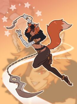 1girl animal_ears anklet artist_name bandaged_arm bandaged_hand bandages bare_shoulders belt black_belt black_hair black_nails black_pants blurry blurry_background bracelet chain chain_blades colored_extremities colored_eyepatch colored_skin commentary crotchless crotchless_pants english_commentary evil_smile eyepatch feet fighting_stance fingernails fur_collar gold_anklet gradient_background highres holding holding_weapon hook jewelry jumping knee_up light_blush maned_wolf manoela_(genis94) midriff motion_lines multicolored_fur multicolored_skin multiple_anklets multiple_bracelets nail_polish navel orange_background orange_fur orange_hair original outline pants red_eyes revealing_clothes see-through_silhouette sharp_teeth smile solarblessyou solo spiked_anklet spiked_bracelet spikes star_(symbol) stirrup_legwear studded_belt studded_pants tail tan teeth toeless_legwear toenail_polish toenails toes tomboy toned toned_female two-tone_fur two-tone_skin very_long_tail weapon white_outline wiggling_toes wolf_ears wolf_girl wolf_tail wrist_wrap yellow_background