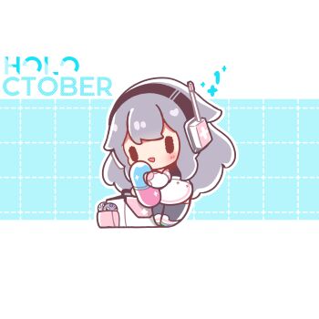 1girl :d absurdres blue_background blush chibi chibi_only coat commentary decrilus double-parted_bangs english_commentary full_body grey_hair grid_background headphones highres hololive hololive_english koseki_bijou letterboxed long_hair long_sleeves open_mouth outline outside_border pebble_(koseki_bijou) pill smile solo standing virtual_youtuber white_coat white_outline