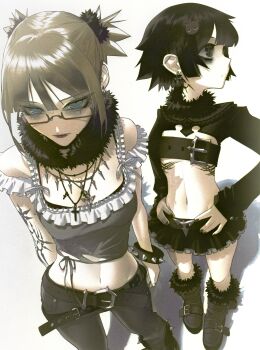 Rule 34 | 2girls, absurdres, arm tattoo, armlet, bare shoulders, belt, black belt, black eyes, black eyeshadow, black hair, black nails, blonde hair, blue eyes, boots, chest belt, chest tattoo, choker, crop top, cross, cross necklace, double bun, ear piercing, earrings, eyeshadow, face piercing, feet out of frame, film grain, frilled shirt, frilled shirt collar, frills, full body, fur-trimmed boots, fur choker, fur hair tie, fur trim, groin, hair bun, hair ornament, highres, jewelry, lip piercing, lipstick, long sleeves, looking at viewer, looking to the side, makeup, midriff, miniskirt, multiple girls, nail polish, navel, neck tattoo, necklace, original, pants, piercing, ribbon, semi-rimless eyewear, shirt, shirt ribbon, short hair, simple background, skirt, spiked armlet, standing, tattoo, vinne, white background