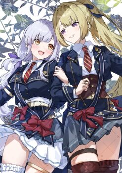 2girls :d assault_lily belt black_ribbon blonde_hair blue_jacket blunt_bangs blush bow brown_thighhighs buttons collared_shirt commentary commission cowboy_shot diagonal-striped_clothes diagonal-striped_necktie floral_background flower frilled_thighhighs frills grey_hair grey_skirt grin hair_bow hair_ribbon high_ponytail highres houji_tea_latte jacket jewelry kon_kanaho lily_(flower) locked_arms long_hair looking_at_another looking_to_the_side low_twintails miniskirt miyagawa_takane multiple_girls necktie official_alternate_costume official_alternate_hairstyle open_clothes open_jacket open_mouth ponytail purple_bow purple_eyes red_bow red_necktie ribbon ring shirt side-by-side single_horizontal_stripe skindentation skirt smile sparkle standing striped_clothes striped_skirt teeth thigh_strap thighhighs twintails underbust upper_teeth_only very_long_hair watermark white_background white_belt white_shirt white_skirt white_thighhighs yellow_eyes yuri