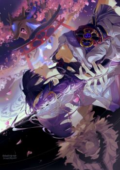 Rule 34 | 1girl, absurdres, architecture, artist name, blunt bangs, braid, bridal gauntlets, cherry blossoms, commentary, doru, east asian architecture, electro symbol (genshin impact), from above, from side, genshin impact, hair ornament, highres, japanese clothes, kimono, liquid, long braid, long hair, looking at viewer, looking to the side, lying, lying on water, mitsudomoe (shape), off shoulder, on back, outdoors, parted lips, purple eyes, purple hair, purple kimono, purple thighhighs, raiden shogun, red sash, reflection, reflective liquid, ripples, sash, single braid, solo, thighhighs, tomoe (symbol), tree, twitter username, untranslatable commentary, upper body, water