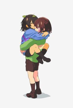 2others arms_around_neck arms_around_waist black_shorts black_socks blue_sweater blush brown_hair brown_shoes brown_shorts brown_socks chara_(undertale) child circle_facial_mark closed_eyes closed_mouth colored_skin commentary frisk_(undertale) full_body green_sweater highres hug hug_carry lantern_madoyoi leaf leaf_on_head leg_lock lifting_person looking_at_another multiple_others other_focus red_eyes shadow shoes short_hair shorts simple_background smile socks standing_leg_lock striped_clothes striped_sweater sweater symbol-only_commentary undertale utdr_(toby_fox) white_background yellow_skin