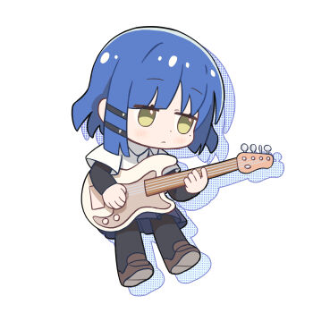 1girl absurdres black_pantyhose blue_hair blue_skirt blush bocchi_the_rock! brown_shoes chibi chibi_only chinese_commentary commentary_request dot_nose drop_shadow electric_guitar expressionless full_body green_eyes guitar hair_ornament hairclip highres holding holding_guitar holding_instrument instrument layered_sleeves long_sleeves pantyhose parallel_hairclips pleated_skirt shirt shoes short_hair short_over_long_sleeves short_sleeves simple_background skirt solo standing tianqiyubao_euc white_background white_shirt yamada_ryo