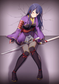 1girl against_wall armor arms_at_sides black_boots black_gloves blue_hair blunt_bangs blush boots breastplate closed_eyes commission crack cracked_wall dirty dirty_clothes dirty_face fingernails flower_knot full_body glint gloves hair_ribbon highres holding holding_sheath indoors japanese_armor japanese_clothes kimono kimono_skirt knee_boots knees_together_feet_apart long_hair long_sleeves motsutoko obi on_floor parted_lips purple_kimono red_ribbon ribbon ribbon-trimmed_kimono ribbon-trimmed_sleeves ribbon_trim sash scabbard shadow sheath short_kimono shoujo_kageki_revue_starlight shoujo_kageki_revue_starlight_-re_live- shoulder_armor sidelocks sitting skeb_commission sode solo sword tassel tomoe_tamao torn_boots torn_clothes torn_gloves torn_kimono torn_sleeves unconscious unsheathed weapon wide_sleeves