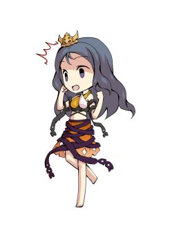 1girl bare_shoulders barefoot black_ribbon blue_hair breasts chibi chibi_only chirizuka_ubame clenched_hands commentary_request crop_top dairi full_body hands_up large_variant_set long_hair medium_breasts orange_skirt purple_ribbon ribbon ribbon_around_body simple_background skirt solo standing standing_on_one_leg stomach tachi-e tank_top tiara touhou transparent_background variant_set