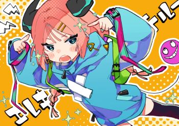 Rule 34 | 1girl, ako-chan (notamaru 2), black horns, black thighhighs, blue hoodie, blush stickers, braid, commentary request, feet out of frame, green eyes, hair ornament, hairclip, hands up, highres, hood, hood down, hoodie, horns, long hair, long sleeves, notamaru 2, open mouth, original, outline, parallel hairclips, pink hair, solo, standing, thighhighs, twin braids, white outline, yellow background