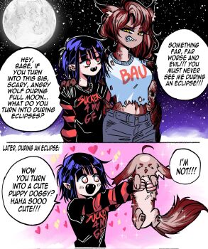 Rule 34 | 2girls, ahoge, animal, baby animal, brown hair, corrupted twitter file, couple, dog, english text, fangs, full moon, grs-, highres, holding, holding animal, holding dog, moon, multiple girls, night, original, pointy ears, puppy, purple hair, red eyes, shirt, sky, speech bubble, star (sky), torn clothes, torn shirt, transformation, vampire, werewolf, yellow eyes, yuri