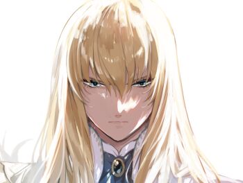 1boy ascot bishounen blonde_hair blue_ascot blue_eyes brooch closed_mouth facing_viewer fate/grand_order fate_(series) feathers hair_between_eyes jacket jewelry kirschtaria_wodime lips long_hair looking_down m-tobiei male_focus portrait serious shirt simple_background solo straight-on v-shaped_eyebrows white_background white_feathers white_jacket white_shirt