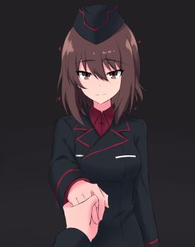 Rule 34 | absurdres, brown eyes, garrison cap, girls und panzer, hat, highres, ivan (2213432), kuromorimine military uniform, military hat, nishizumi maho, non-web source