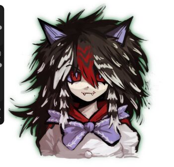 1girl alternate_hairstyle animal_ears art_program_in_frame bow bowtie brown_hair closed_mouth commentary english_commentary green_outline gzpxllztt highres kemonomimi_mode kijin_seija long_hair multicolored_hair outline portrait puffy_sleeves purple_bow purple_bowtie red_eyes red_hair sharp_teeth shirt sidelocks simple_background smile straight-on teeth touhou white_background white_hair white_shirt wolf_ears wolf_girl