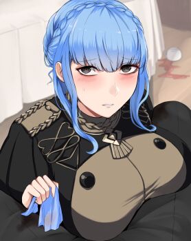 1girl blue_hair blush braid breasts brown_eyes cloth crown_braid cup erimiko fire_emblem fire_emblem:_three_houses garreg_mach_monastery_uniform large_breasts long_hair looking_at_viewer marianne_von_edmund nintendo pov solo spill table tablecloth teacup upper_body