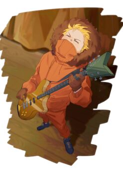 1boy blonde_hair blue_boots blush boots border brown_gloves closed_eyes commentary covered_mouth curtains electric_guitar full_body fur-trimmed_hood fur_trim gloves guitar hand_up highres holding holding_guitar holding_instrument hood hooded_jacket indoors instrument jacket kenny_mccormick long_sleeves male_focus music orange_jacket orange_pants pants playing_instrument puffy_long_sleeves puffy_sleeves shadow short_hair solo south_park stage standing sweatdrop symbol-only_commentary v-shaped_eyebrows white_border wooden_floor wsf_8789