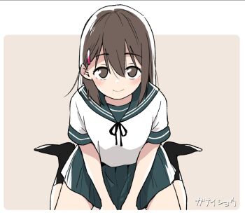 Rule 34 | 1girl, blush, border, breasts, brown eyes, brown hair, from above, ganaishoten, green serafuku, green skirt, hair ornament, hairclip, kinugawa sana, light brown background, looking at viewer, medium hair, original, pleated skirt, ribbon, school uniform, serafuku, short sleeves, signature, simple background, sitting, skirt, small breasts, smile, solo, wariza, white border