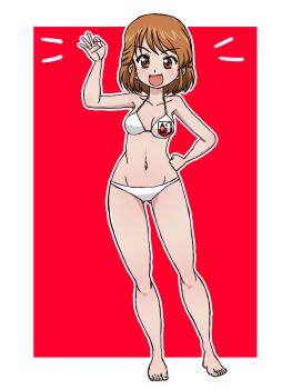Rule 34 | 1girl, alternate costume, arm up, bare legs, bikini, bonple (emblem), breasts, brown eyes, brown hair, girls und panzer, girls und panzer saishuushou, hand on own hip, hand up, maiko's driver, open mouth, red background, short hair, smile, swimsuit, takahashi kurage, white bikini