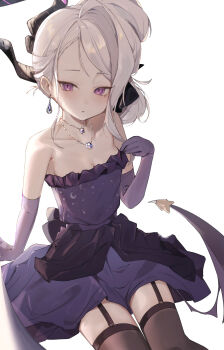 1girl blue_archive blush breasts coa_(35_seno) commentary demon_girl demon_horns demon_wings dress earrings elbow_gloves english_commentary gloves highres hina_(blue_archive) hina_(dress)_(blue_archive) horns jewelry long_hair looking_at_viewer low_wings necklace pendant purple_dress purple_eyes purple_gloves simple_background sitting small_breasts solo white_background white_hair wings
