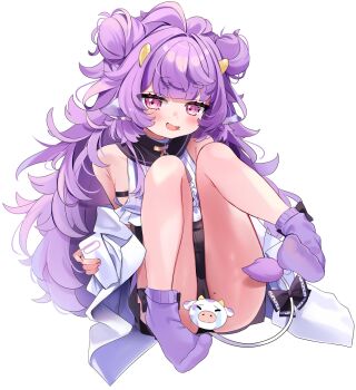 1girl animal_ears bare_shoulders blush bow censored chocola_vt cow_ears cow_tail double_bun emoji emoji_censor feet hair_bun highres horns lab_coat legs_up long_hair looking_at_viewer mini_moo mole muu_muyu neck_bell open_mouth panties phase_connect pink_eyes purple_hair shirt sitting sleeveless sleeveless_shirt smile socks solo spread_legs tail underwear uohhhhhhhhh!_(meme) virtual_youtuber white_background