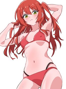 1girl absurdres amanotti_01 armpits arms_up bikini blush bocchi_the_rock! closed_mouth collarbone commentary_request covered_erect_nipples cowboy_shot double-parted_bangs from_below green_eyes highres kita_ikuyo light_frown long_hair looking_at_viewer looking_down navel one_side_up red_bikini red_hair simple_background solo split_mouth standing stomach sweat swimsuit white_background