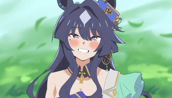 absurdres animal_ears aoi_tenjiku asymmetrical_clothes asymmetrical_jacket braid braided_hair_rings ear_covers ear_ornament earrings ears_through_headwear hair_rings hat_belt highres horse_ears horse_girl jewelry mole mole_under_eye single_ear_cover single_earring smile umamusume verxina_(le_beau_sommet)_(umamusume) verxina_(umamusume)