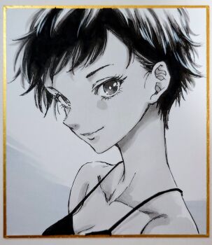 1girl breasts cleavage closed_mouth commentary_request from_side greyscale looking_at_viewer looking_to_the_side makomako1061 monochrome original photo_(medium) shikishi solo spaghetti_strap traditional_media upper_body