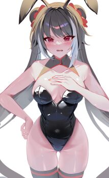 1girl absurdres animal_ears black_hair black_leotard black_thighhighs blush cowboy_shot double_bun embarrassed hair_bun hi_i_dubu highres jia_xichun_(project_moon) leotard limbus_company long_hair looking_at_viewer multicolored_hair open_mouth pink_eyes playboy_bunny project_moon rabbit_ears simple_background solo streaked_hair thighhighs twintails very_long_hair white_background