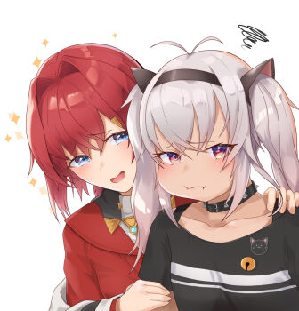 Rule 34 | 2girls, ahoge, ange katrina, ange katrina (1st costume), black collar, black shirt, blue eyes, closed mouth, collar, dark-skinned female, dark skin, grey hair, highres, hinataa, looking at viewer, looking to the side, matsukai mao, matsukai mao (1st costume), multiple girls, nijisanji, open mouth, purple eyes, red hair, shirt, spiked collar, spikes, virtual youtuber, white background