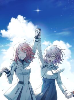 2girls 2others ahoge arm_up black-framed_eyewear black_gloves black_shirt black_skirt blue_sky blurry bobi chaldea_logo closed_eyes cloud collared_shirt commentary cropped_jacket day depth_of_field fate/grand_order fate_(series) fujimaru_ritsuka_(female) fujimaru_ritsuka_(female)_(decisive_battle_chaldea_uniform) glasses gloves grin hair_over_one_eye hand_up high-waist_skirt highres holding_hands interlocked_fingers jacket long_sleeves mash_kyrielight mash_kyrielight_(chaldea_uniform) medium_hair multiple_girls multiple_others necktie open_mouth orange_hair outdoors purple_hair shirt skirt sky smile standing star_(sky) white_jacket white_necktie white_shirt wind