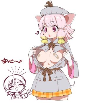 1girl 1other ? ?? bandaid bandaids_on_nipples beret bow bowtie breasts captain_(kemono_friends) center_opening chohakkai_(kemono_friends) clothes_pull full_body hat jacket kemono_friends kemono_friends_3 large_breasts notora overalls pasties pig_girl pig_tail pink_hair short_hair simple_background skirt smile tail