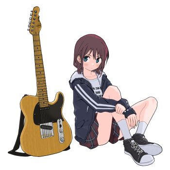 1girl black_shoes blue_eyes blue_jacket brown_hair commentary electric_guitar fender_telecaster fox_(tjwls66) girls_band_cry guitar highres instrument iseri_nina jacket korean_commentary long_sleeves low_twintails open_clothes open_jacket plaid_clothes plaid_skirt red_skirt shirt shoes short_hair short_twintails simple_background sitting skirt socks solo twintails white_background white_shirt white_socks