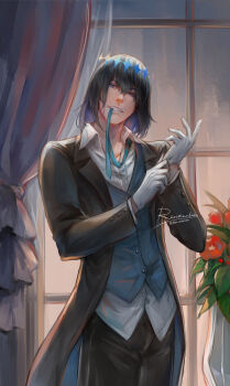 Rule 34 | 1boy, black hair, black jacket, black pants, blue eyes, blue ribbon, blue vest, collared shirt, fate/grand order, fate (series), glove pull, gloves, highres, indoors, jacket, looking at viewer, male focus, mouth hold, oberon (fate), oberon (third ascension) (fate), pants, renrenka noi, ribbon, ribbon in mouth, shirt, short hair, signature, solo, upper body, vest, white gloves, window