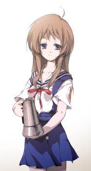 00s 1girl ahoge bad_id bad_pixiv_id brown_hair clannad coffee_pot female_focus highres holding long_hair miyazawa_yukine purple_eyes sakura_sora school_uniform skirt smile solo teapot
