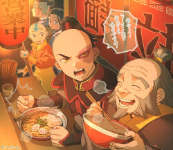 1girl 4boys aang arrow_(symbol) arrow_tattoo avatar:_the_last_airbender avatar_legends blue_eyes chopsticks clenched_hand commentary_request dark_skin food iroh katara male_focus multiple_boys noodles ponytail ramen smile sokka tattoo teeth tetsukuzu_tetsuko translation_request yellow_eyes zuko